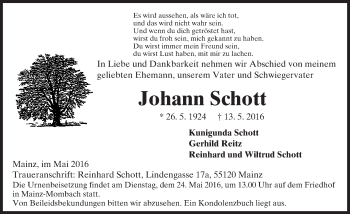 Traueranzeige von Johann Schott von  Allgemeine Zeitung Mainz