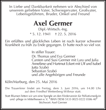Traueranzeige von Axel Germer von  Gießener Anzeiger