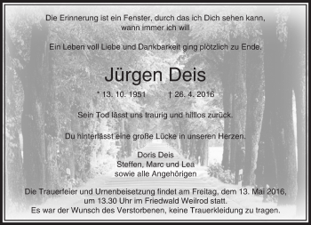 Traueranzeige von Jürgen Deis von  Usinger Anzeiger