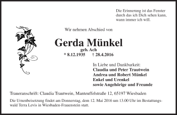 Traueranzeige von Gerda Münkel von  Wiesbaden komplett