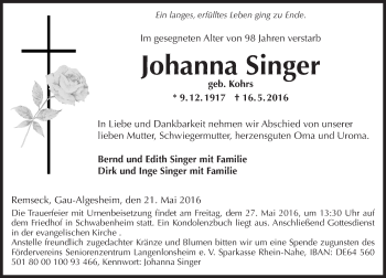 Traueranzeige von Johanna Singer von  Allgemeine  Zeitung Ingelheim-Bingen