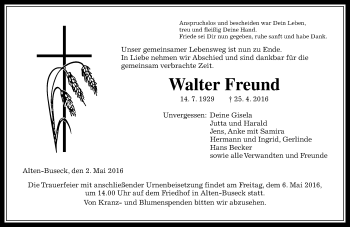 Traueranzeige von Walter Freund von  Gießener Anzeiger