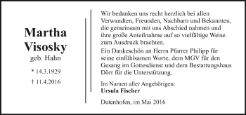 Traueranzeige von Martha Visosky von  Gießener Anzeiger