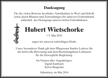 Traueranzeige von Hubert Wietschorke von  Usinger Anzeiger