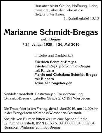 Traueranzeige von Marianne Schmidt-Bregas von  Wiesbaden komplett