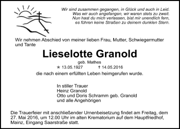 Traueranzeige von Lieselotte Granold von  Allgemeine Zeitung Mainz