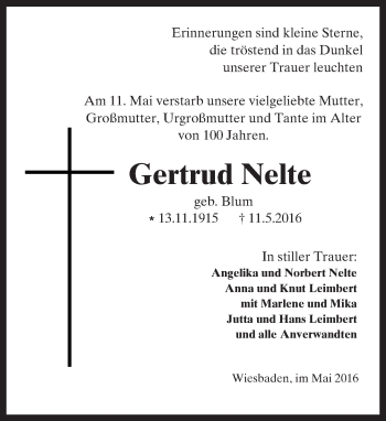 Traueranzeige von Gertrud Nelte von  Wiesbaden komplett