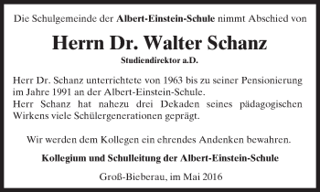 Traueranzeige von Walter Schanz von Trauerportal Echo Online