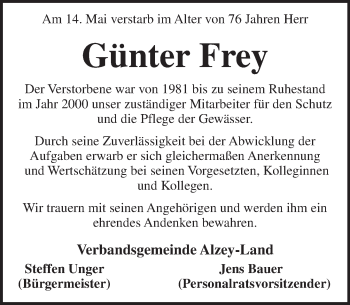 Traueranzeige von Günter Frey von  Allgemeine Zeitung Alzey
