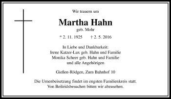 Traueranzeige von Martha Hahn von  Gießener Anzeiger