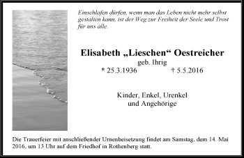 Traueranzeige von Elisabeth Oestreicher von Trauerportal Echo Online