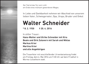 Traueranzeige von Walter Schneider von  Wormser Zeitung