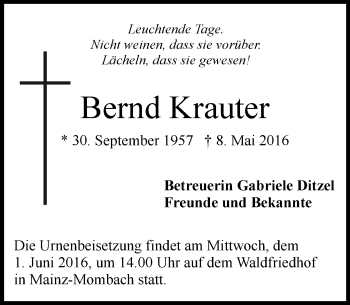 Traueranzeige von Bernd Krauter von  Allgemeine Zeitung Mainz