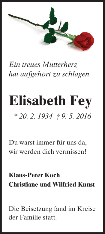 Traueranzeige von Elisabeth Fey von Trauerportal Echo Online