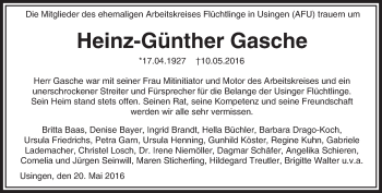 Traueranzeige von Heinz-Günther Gasche von  Usinger Anzeiger