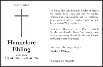 Traueranzeige von Hannelore Ebling von  Allgemeine Zeitung Alzey