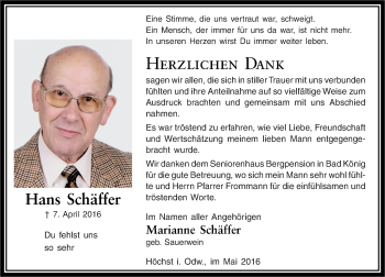 Traueranzeige von Hans Schäffer von Trauerportal Echo Online