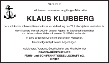 Traueranzeige von Klaus Klubberg von  Allgemeine  Zeitung Ingelheim-Bingen