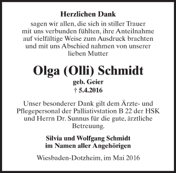 Traueranzeige von Olga (Olli) Schmidt von  Wiesbaden komplett