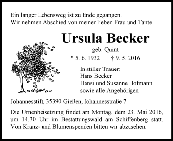 Traueranzeige von Ursula Becker von  Gießener Anzeiger