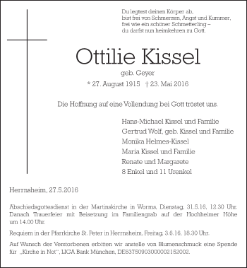Traueranzeige von Ottilie Kissel von  Wormser Zeitung