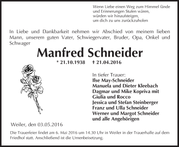 Traueranzeige von Manfred Schneider von  Allgemeine  Zeitung Ingelheim-Bingen