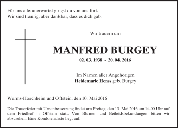 Traueranzeige von Manfred Burgey von  Wormser Zeitung