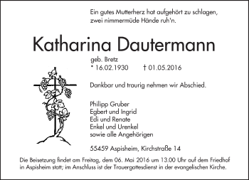 Traueranzeige von Katharina Dautermann von  Allgemeine  Zeitung Ingelheim-Bingen
