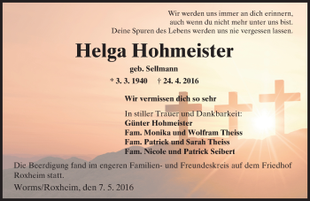Traueranzeige von Helga Hohmeister von  Wormser Zeitung