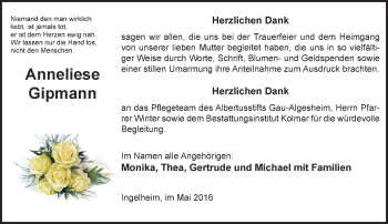Traueranzeige von Anneliese Gipmann von  Allgemeine  Zeitung Ingelheim-Bingen