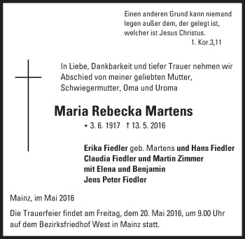 Traueranzeige von Maria Rebecka Martens von  Allgemeine Zeitung Mainz