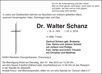 Traueranzeige von Walter Schanz von Trauerportal Echo Online