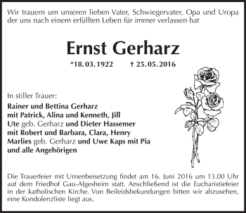 Traueranzeige von Ernst Gerharz von  Allgemeine  Zeitung Ingelheim-Bingen