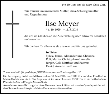 Traueranzeige von Ilse Meyer von  Allgemeine Zeitung Mainz