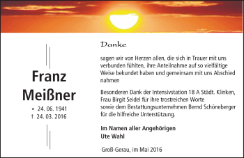 Traueranzeige von Franz Meißner von Trauerportal Echo Online