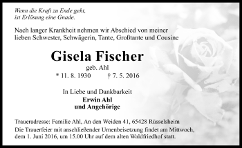 Traueranzeige von Gisela Fischer von  Mainspitze