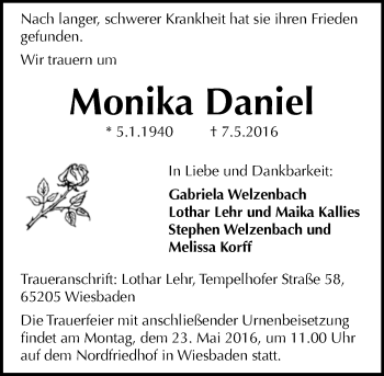 Traueranzeige von Monika Daniel von  Wiesbaden komplett