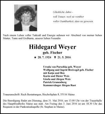 Traueranzeige von Hildegard Weyer von  Allgemeine Zeitung Mainz