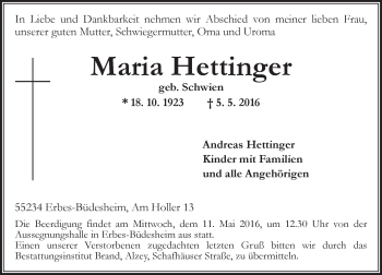 Traueranzeige von Maria Hettinger von  Allgemeine Zeitung Alzey