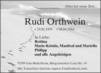 Traueranzeige von Rudi Orthwein von  Allgemeine Zeitung Alzey