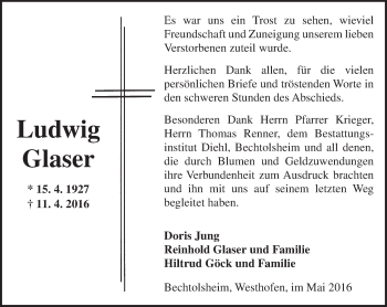 Traueranzeige von Ludwig Glaser von  Allgemeine Zeitung Alzey