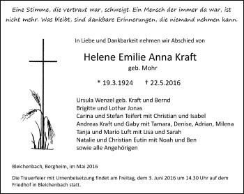 Traueranzeige von Helene Emilie Anna Kraft von  Kreisanzeiger