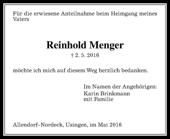 Traueranzeige von Reinhold Menger von  Gießener Anzeiger