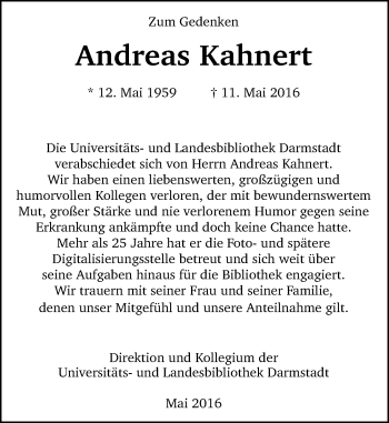 Traueranzeige von Andreas Kahnert von Trauerportal Echo Online