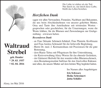 Traueranzeige von Waltraud Strebel von  Allgemeine Zeitung Alzey