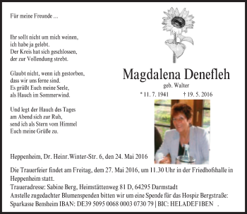Traueranzeige von Magdalena Denefleh von Trauerportal Echo Online