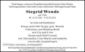 Traueranzeige von Siegrid Wende von  Wiesbaden komplett