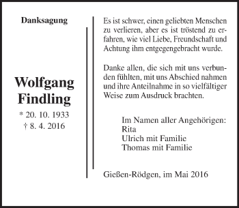 Traueranzeige von Wolfgang Findling von  Gießener Anzeiger