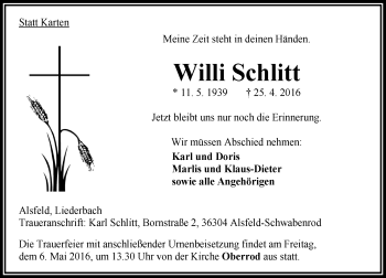Traueranzeige von Willi Schlitt von VRM Trauer