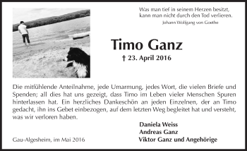 Traueranzeige von Timo Ganz von  Allgemeine  Zeitung Ingelheim-Bingen